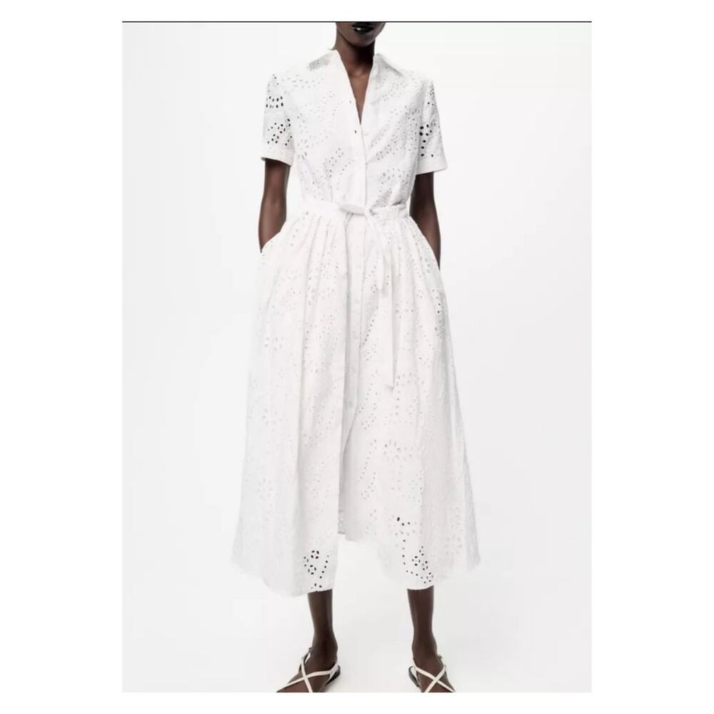 Zara Blogger Favorite White Eyelet Button Front Midi Shirt Dress Sz.S